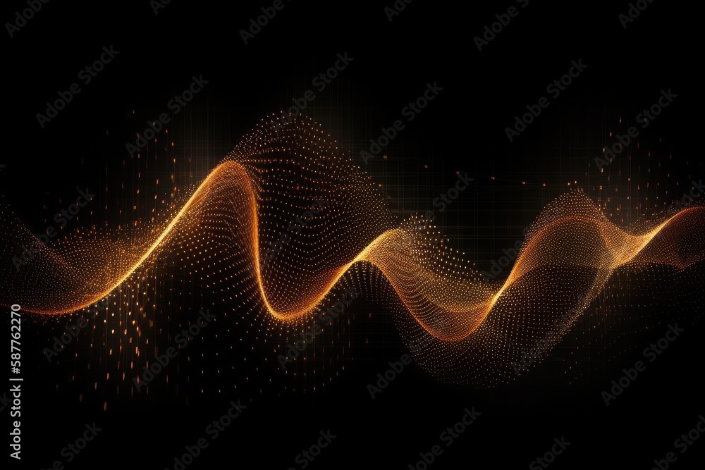Poster dynamic wave elements of orange dots on a black background. generative ai