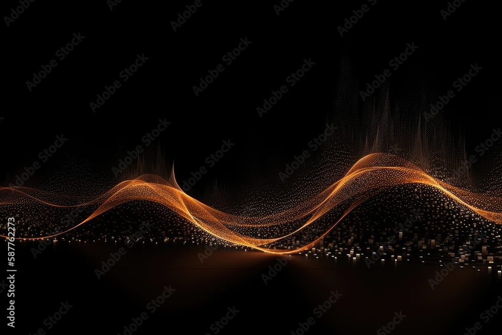 Poster dynamic wave elements of orange dots on a black background. generative ai