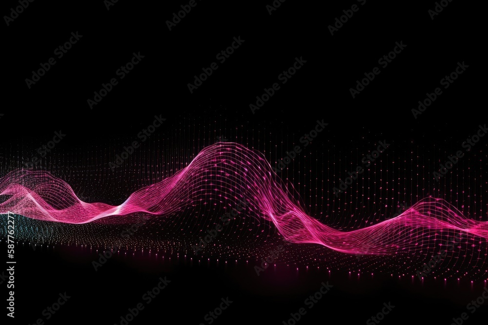 Poster dynamic wave elements of magenta dots on a black background. generative ai