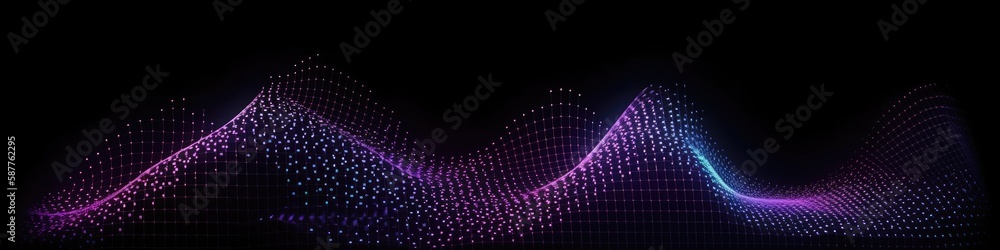 Poster dynamic wave elements of purple dots on a black background. banner, web design. generative ai