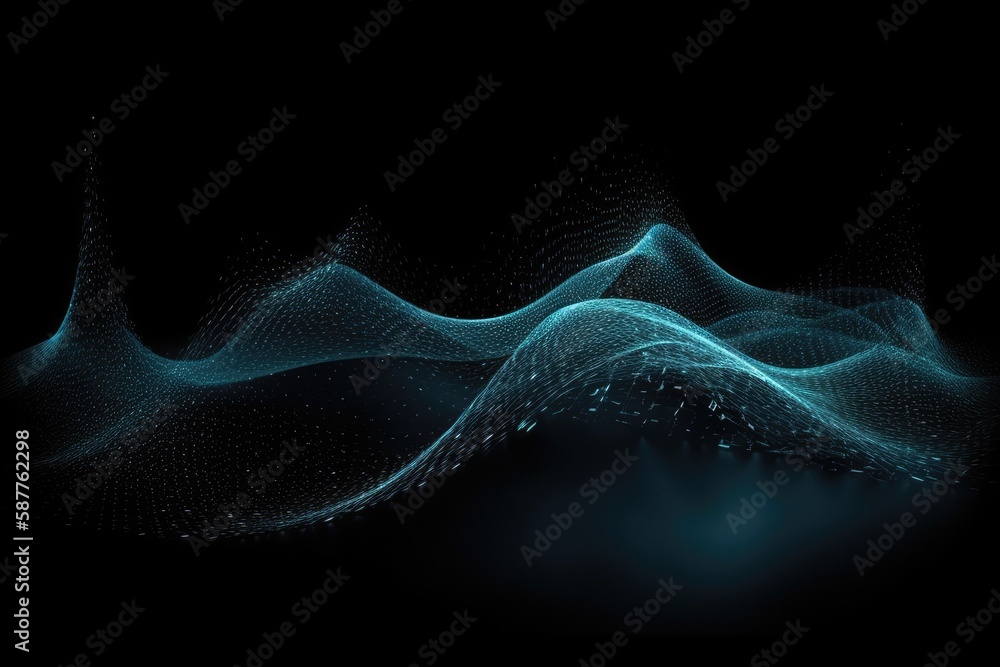 Poster dynamic wave elements of indigo dots on a black background. generative ai