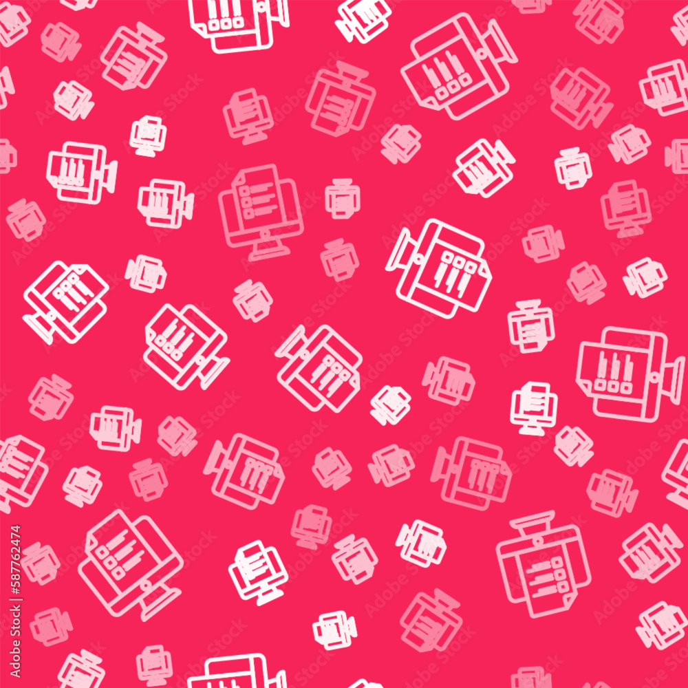 Poster white line online quiz, test, survey or checklist icon isolated seamless pattern on red background. 