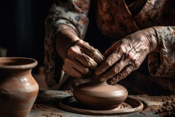 Fototapeta na wymiar Hands Shaping Clay Into A Vase. Generative AI