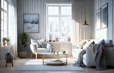 Spacious modern bright Scandinavian living room concept.