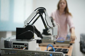 Children learning AI technology Robot with artificial intelligence system on its about the artificial intelligence during science lesson.