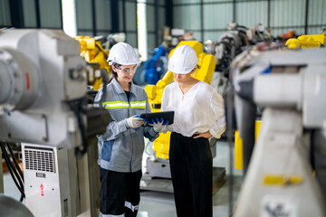 Engineer with robot in automotive parts factory