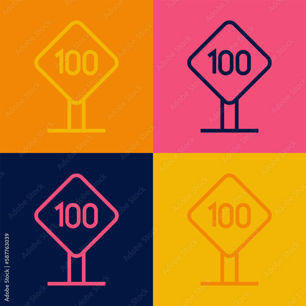 Poster pop art line speed limit traffic sign 100 km icon isolated on color background. vector