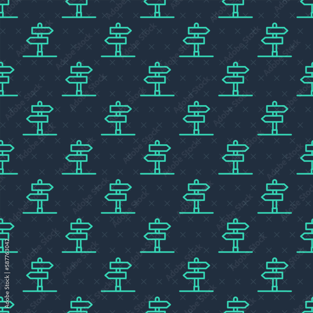 Poster green line road traffic sign. signpost icon isolated seamless pattern on blue background. pointer sy