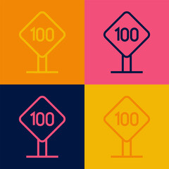 Pop art line Speed limit traffic sign 100 km icon isolated on color background. Vector