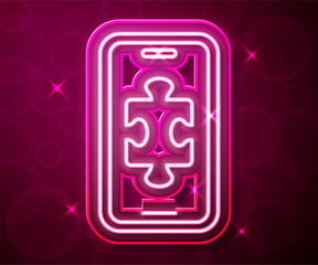Glowing neon line Smartphone and playing in game icon isolated on red background. Mobile gaming concept. Vector
