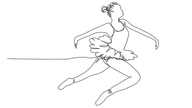 Self-drawing a jumping ballerina in one line on a white background. Animation of a minimalist dancer in a tutu. Stock 4k video of dancing with alpha channel.