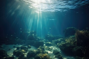 Fototapeta na wymiar Underwater Sea In Blue Sunlight. Generative AI