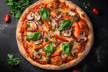 Veggie Pizza On A White Plate, Top View. Generative AI