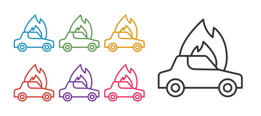 Set line Burning car icon isolated on white background. Car on fire. Broken auto covered with fire and smoke. Set icons colorful. Vector