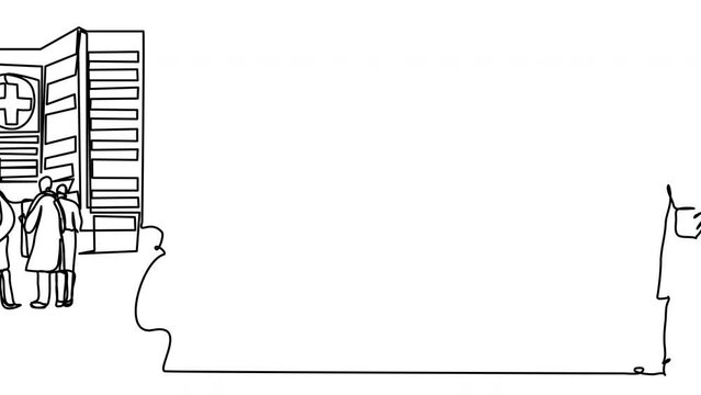 Self-drawing of doctors and clinics in one line on a white screen. Medical care concept. 4k whiteboard of a large live clinic with an alpha channel. Stock looped video.