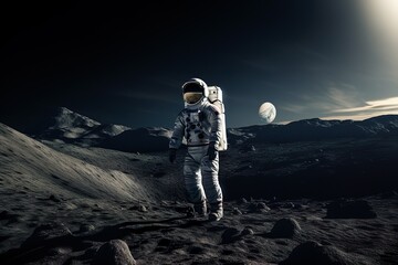 An American astronaut walking on a distant planet with planet Earth in the background. The image has a high contrast and is shot in a cinematic movie still style. Generative AI.