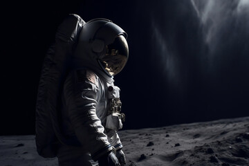 An American astronaut walking on a distant planet. The image has a high contrast and is shot in a cinematic movie still style. Generative AI.