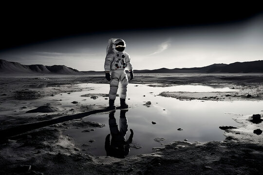 An American astronaut walking on a distant planet. The image has a high contrast and is shot in a cinematic movie still style. Generative AI.