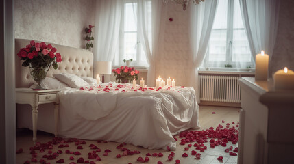 Interior of light bedroom decorated for Valentine's Day with roses, hearts and tables. Generative Ai