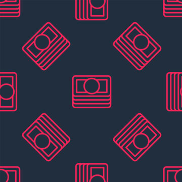 Red line Stacks paper money cash icon isolated seamless pattern on black background. Money banknotes stacks. Bill currency. Vector