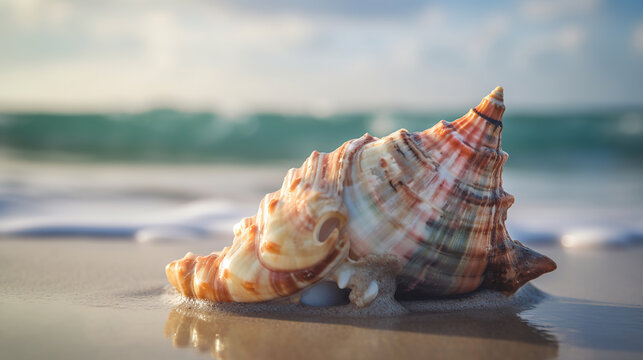 large shell in the beach on the waves on the ocean. Generative Ai