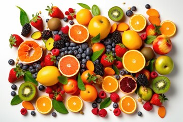 White Background With Fruit Oranges, Lemons, Limes, Grapefruit And Tangerines, Kiwi, Berries Strawberries, Raspberries, Blackberries, Blueberries. Generative AI