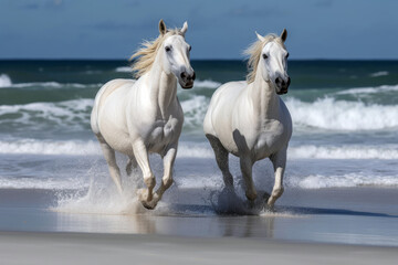 Obraz na płótnie Canvas White Horses Running Along The Ocean On White Sand. Generative AI