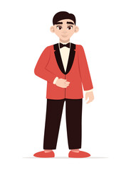 Handsome asian guy in a suit at the prom. Vector graphic.