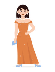 Beautiful asian girl in a brilliant dress with a handbag at the prom. Vector graphic.