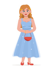 Beautiful girl in a brilliant dress with a handbag at the prom. Vector graphic.