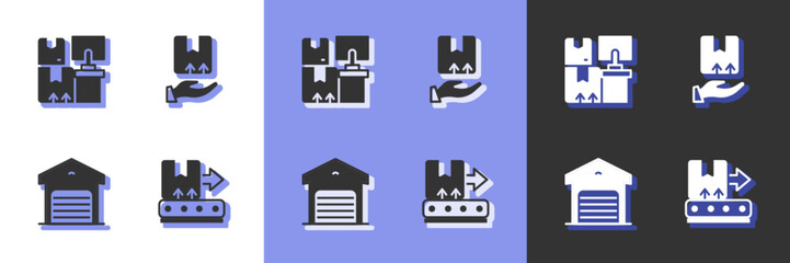 Set Conveyor belt with box, Warehouse boxes, and Delivery hand icon. Vector