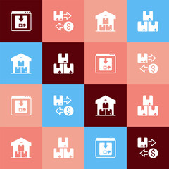 Set pop art Online app delivery tracking, Tax cardboard box, Full warehouse and Carton icon. Vector