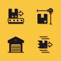 Set Conveyor belt with box, Carton cardboard, Warehouse and Cardboard measurement icon with long shadow. Vector