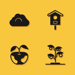 Set Cloudy weather, Sprout, Apple and Bird house icon with long shadow. Vector