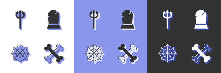 Set Crossed bones, Trident devil, Spider web and Tombstone with RIP written icon. Vector