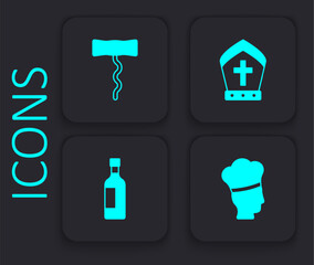 Set Italian cook, Wine corkscrew, Pope hat and Bottle of wine icon. Black square button. Vector