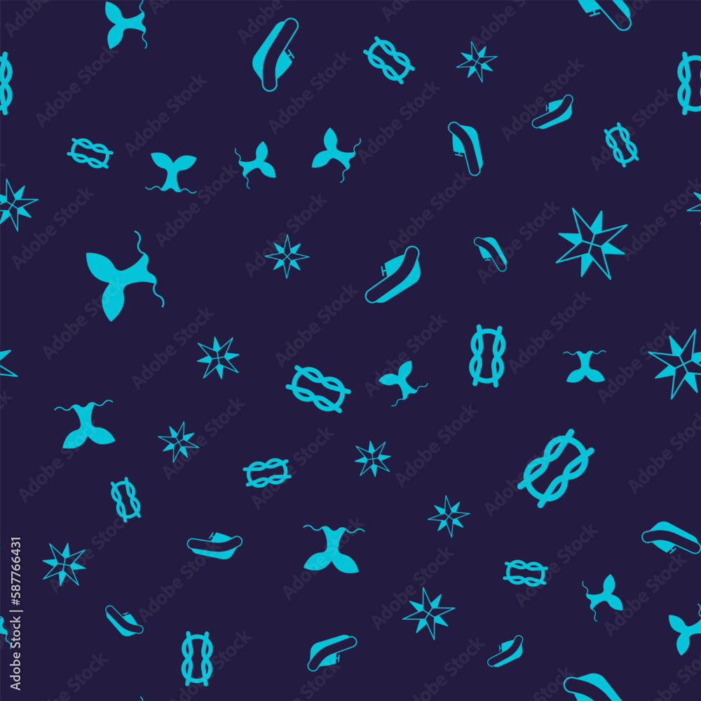 Canvas Prints Set Whale tail, Wind rose, Inflatable boat with motor and Nautical rope knots on seamless pattern. Vector