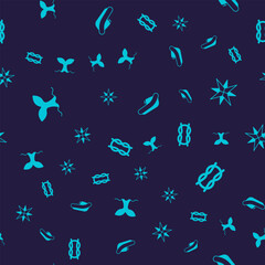 Fototapeta premium Set Whale tail, Wind rose, Inflatable boat with motor and Nautical rope knots on seamless pattern. Vector