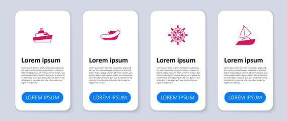 Set Yacht sailboat, Ship steering wheel, Inflatable with motor and Speedboat. Business infographic template. Vector