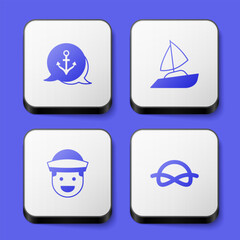 Set Anchor, Yacht sailboat, Sailor and Nautical rope knots icon. White square button. Vector