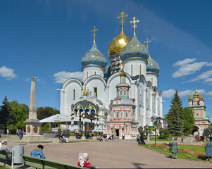 Sergiev Posad. Russia. June 07, 2022. Architecture of the Cathedral of the Assumption of the Most Holy Theotokos (the main cathedral of the Trinity-Sergius Lavra).