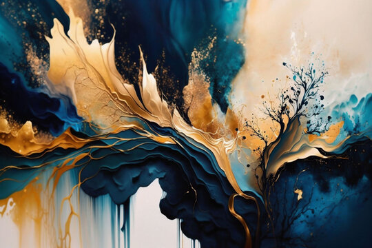 Contemporary Abstract Paint Swirls Background in Beautiful gold navy tan ink paint cloud alcohol drip liquid flow wave abstract splatter color marble background wallpaper generative ai