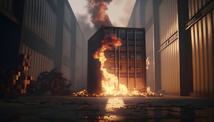 Logistics warehouse burning. Concept Fire incident insured event. Generation AI.