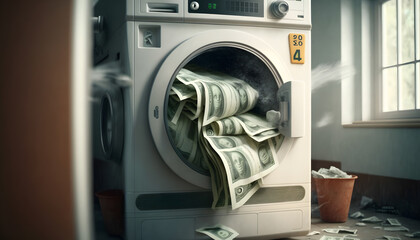 Money dollar USD laundering washing machine, Crime enrichment and profit concept. Generation AI
