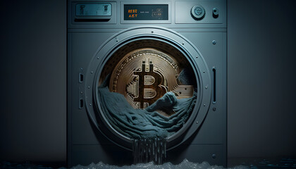 Money Bitcoin Cryptocurrency laundering washing machine, Mining Crime enrichment and profit concept. Generation AI