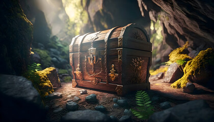 Fototapeta premium Old pirate chest with treasures in cave, golden glow, sunset light. Generation AI