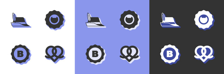 Set Pretzel, Oktoberfest hat, Bottle cap and opener icon. Vector