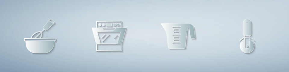 Set Cooking whisk with bowl, Oven, Measuring cup and Pizza knife. Paper art style. Vector