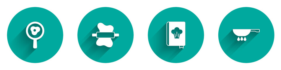 Set Fried eggs on frying pan, Rolling pin dough, Cookbook and Frying fire icon with long shadow. Vector
