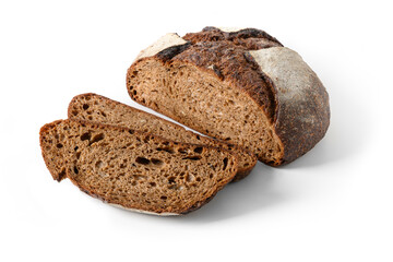 Sliced loaf of Hemp bread isolated on white background. Close up.